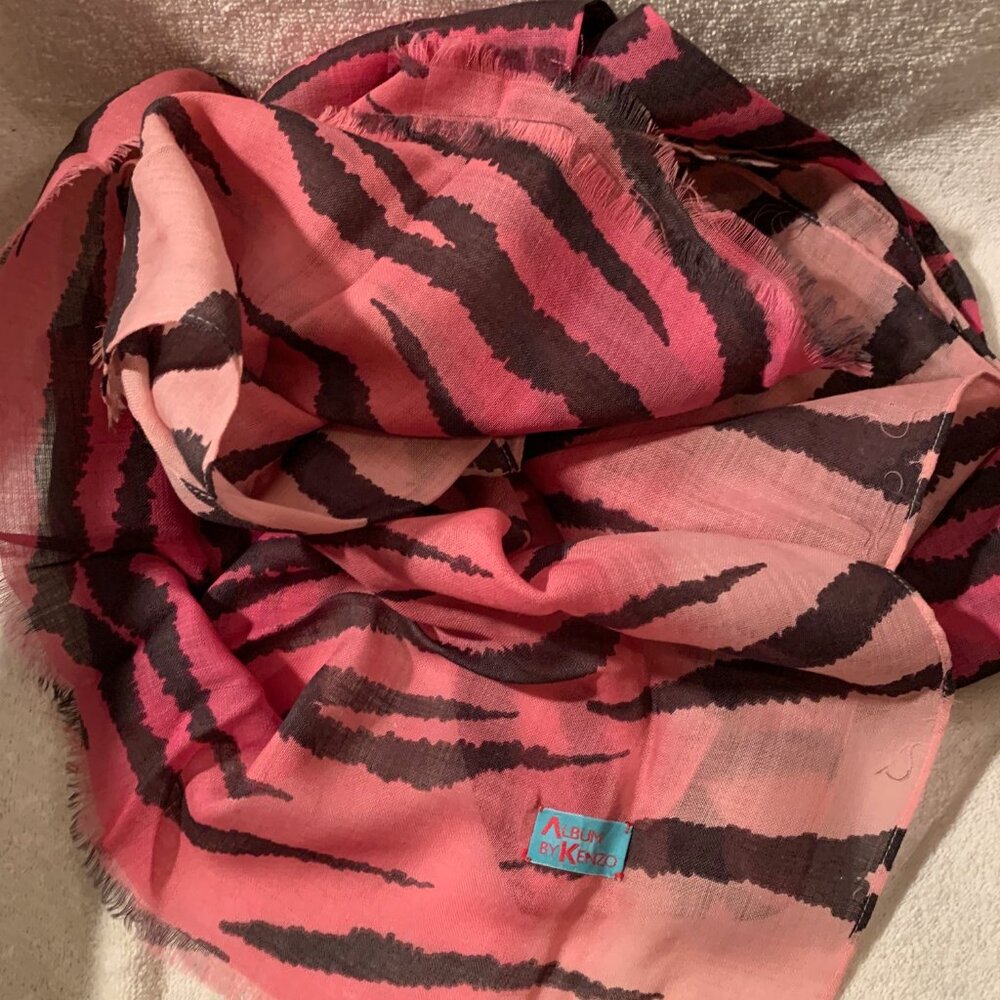 Vintage 80s  Album by Kenzo pink & black tiger striped wool faded scarf